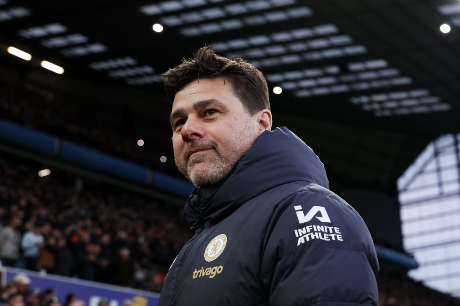 Mauricio Pochettino, Manager of Chelsea, looks on prior to the Premier League match between Aston Villa and Chelsea FC at Villa Park on April 27, 2...