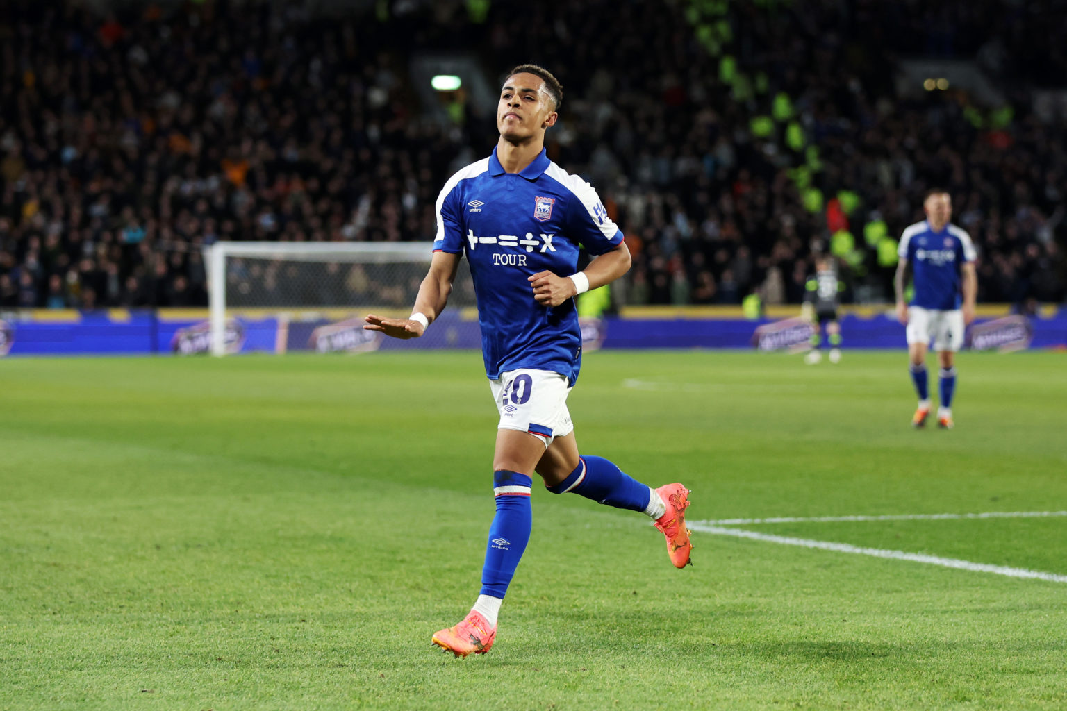 Omari Hutchinson of Ipswich Town celebrates scoring his team's second goal during the Sky Bet Championship match between Hull City and Ipswich Town...