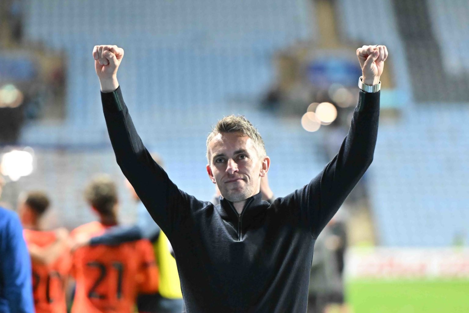 Manager Kieran McKenna of Ipswich Town is celebrating with a clenched fist during the Sky Bet Championship match between Coventry City and Ipswich ...