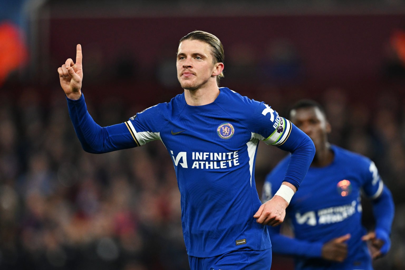 Conor Gallagher of Chelsea celebrates scoring his team's second goal during the Premier League match between Aston Villa and Chelsea FC at Villa Pa...