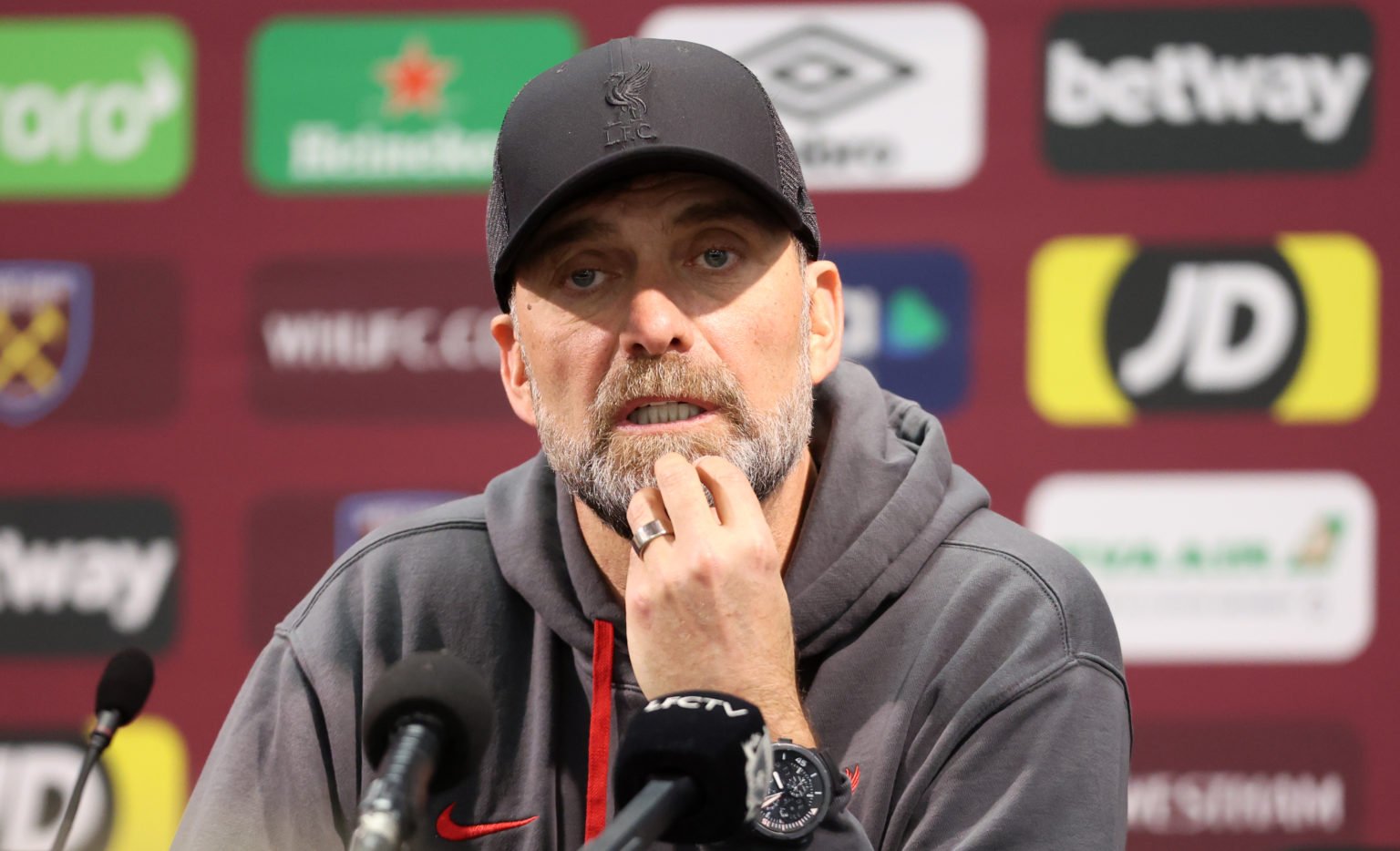 Liverpool manager Jurgen Klopp at the post match press conference during the Premier League match between West Ham United and Liverpool FC at Londo...