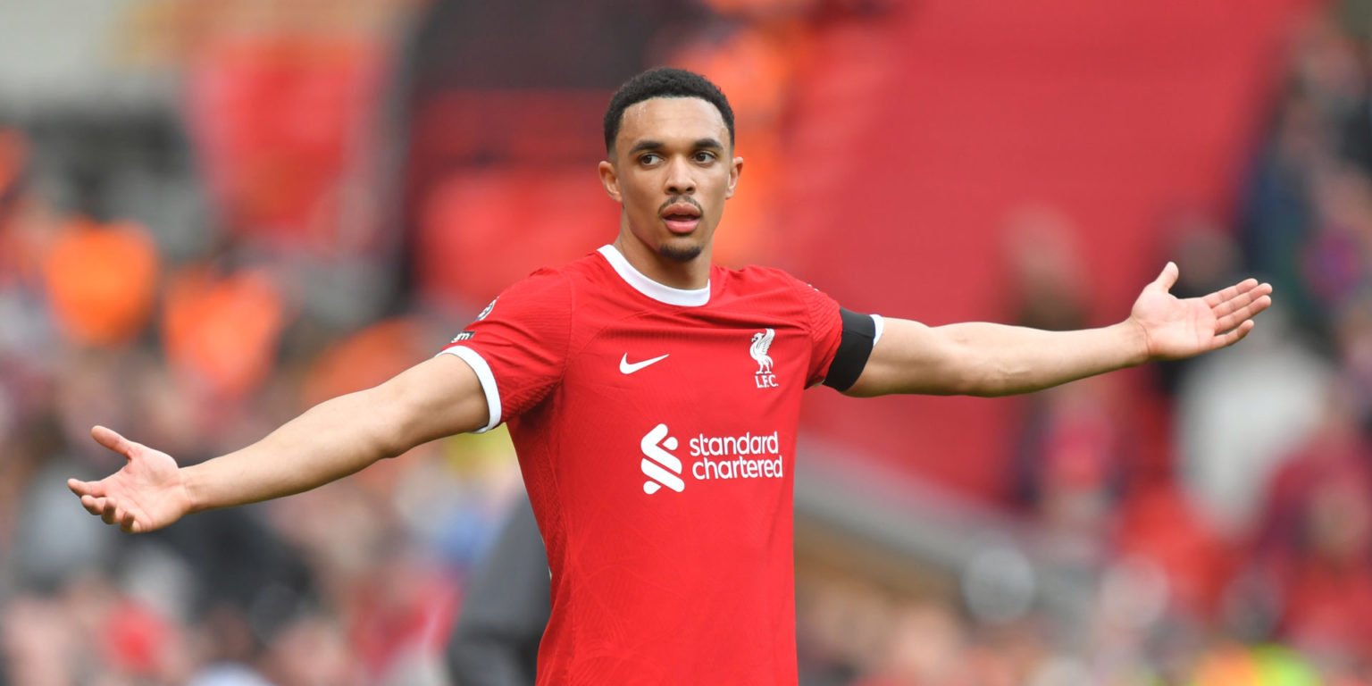 Liverpool's Trent Alexander-Arnold during the Premier League match between Liverpool FC and Crystal Palace at Anfield on April 14, 2024 in Liverpoo...