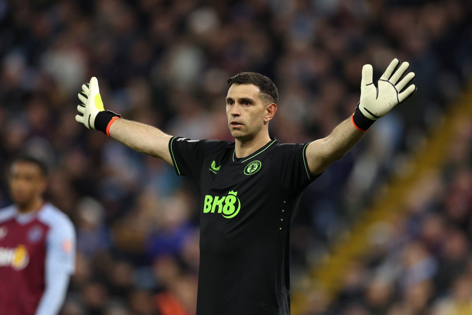 Emiliano Martínez of Aston Villa in action during the Premier League match between Aston Villa and Chelsea FC at Villa Park on April 27, 2024 in Bi...