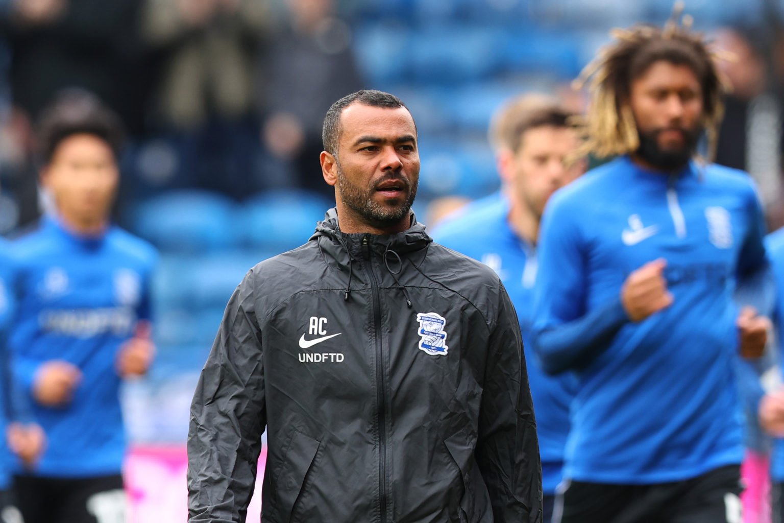 Ashley Cole, assistant coach of Birmingham City looks on ahead of kick-off during the Sky Bet Championship match between Huddersfield Town and Birm...