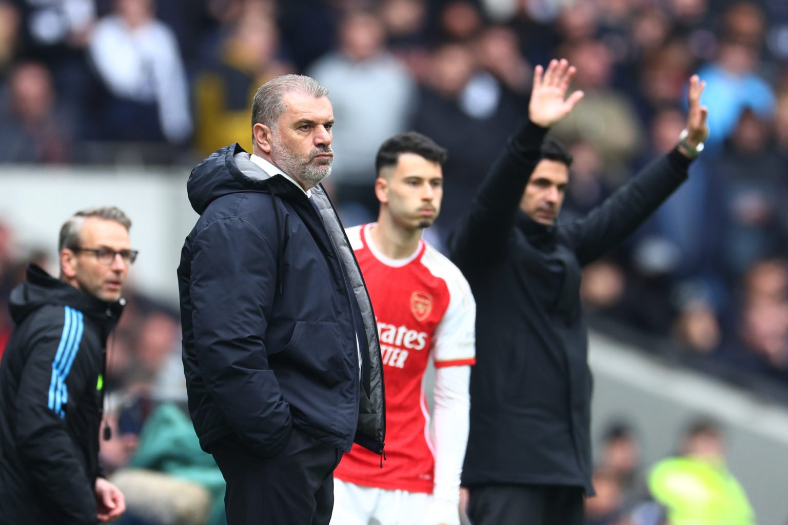 Ange Postecoglou, Manager of Tottenham Hotspur, looks on during the Premier League match between Tottenham Hotspur and Arsenal FC at Tottenham Hots...