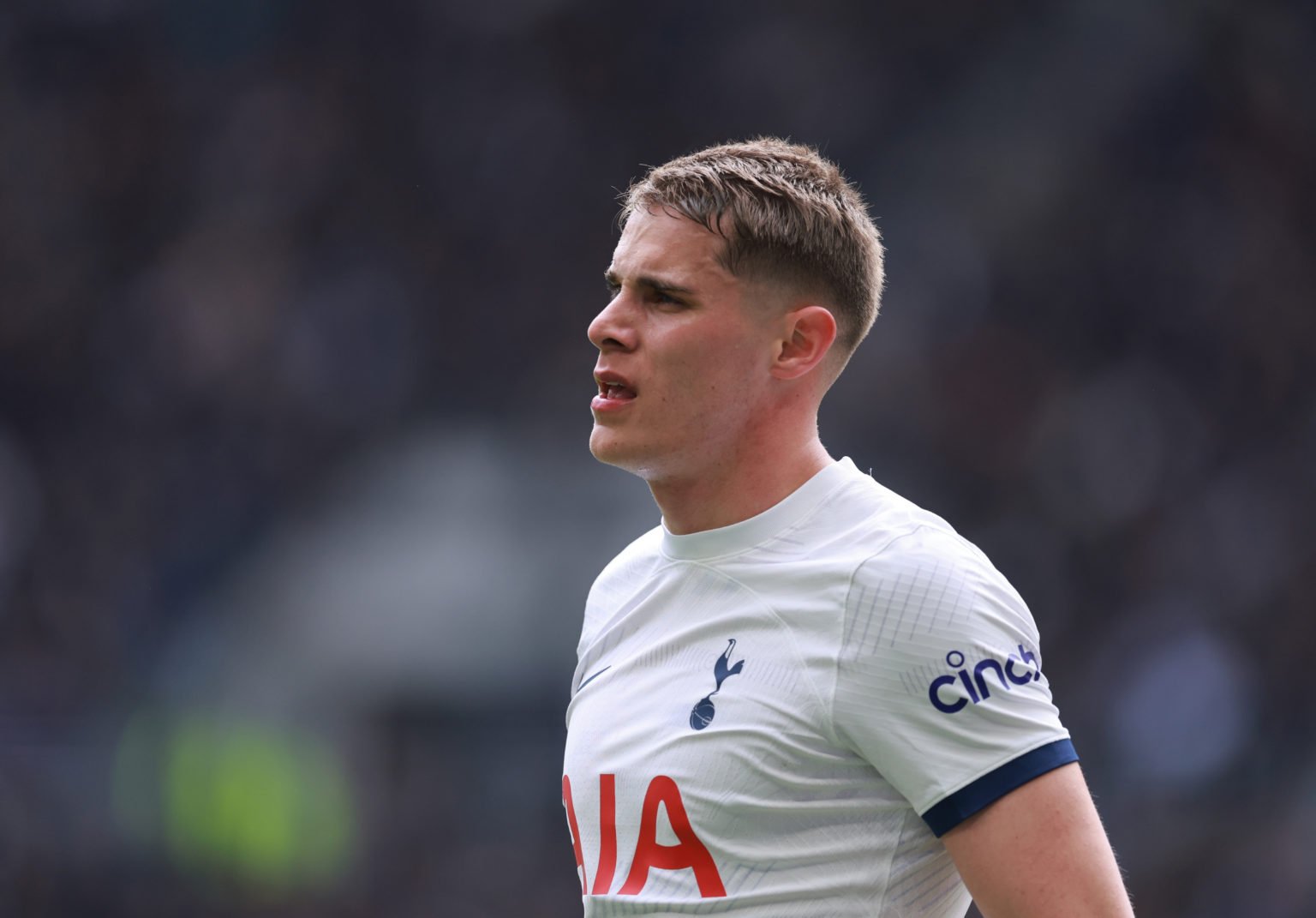 Micky van de Ven of Tottenham Hotspur during the Premier League match between Tottenham Hotspur and Arsenal FC at Tottenham Hotspur Stadium on Apri...