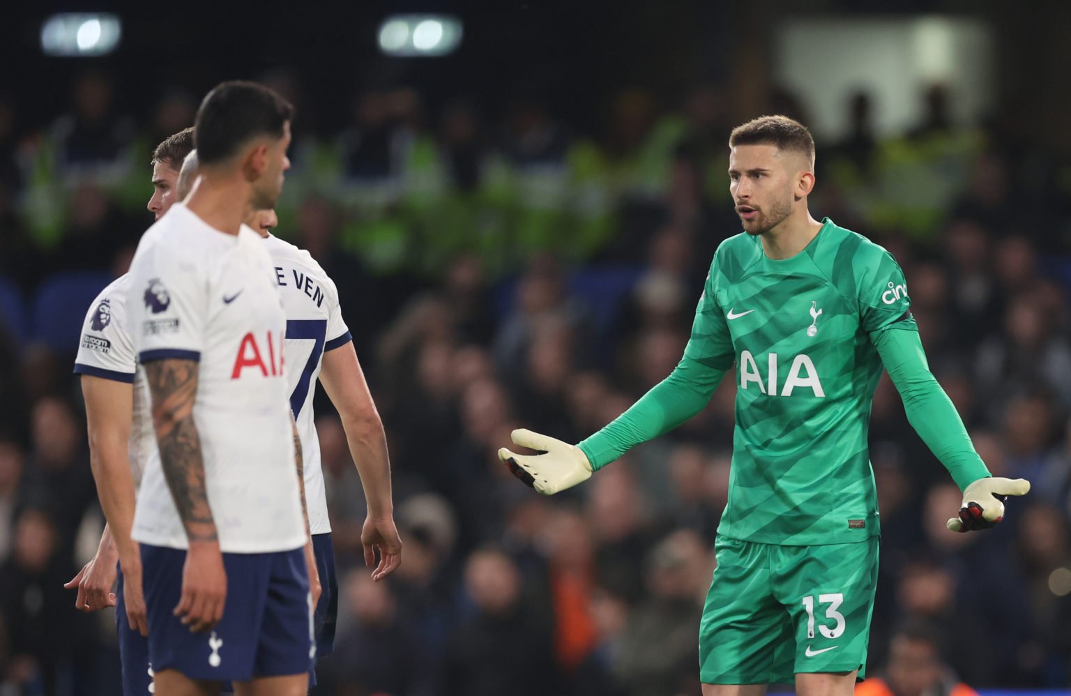 Guglielmo Vicario of Tottenham Hotspur reacts  during the Premier League match between Chelsea FC and Tottenham Hotspur at Stamford Bridge on May 2...