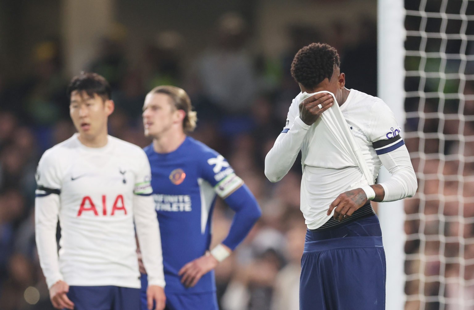 Emerson Royal of Tottenham Hotspur reacts  during the Premier League match between Chelsea FC and Tottenham Hotspur at Stamford Bridge on May 2, 20...