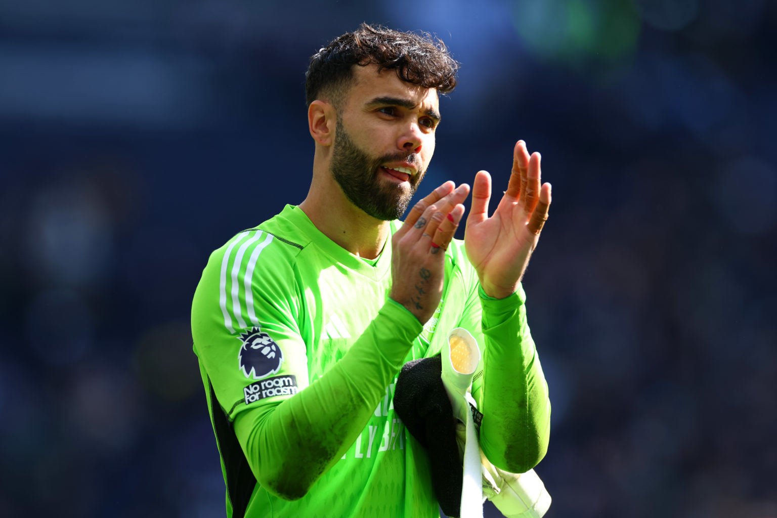 David Raya of Arsenal celebrates at full-time following the Premier League match between Tottenham Hotspur and Arsenal FC at Tottenham Hotspur Stad...