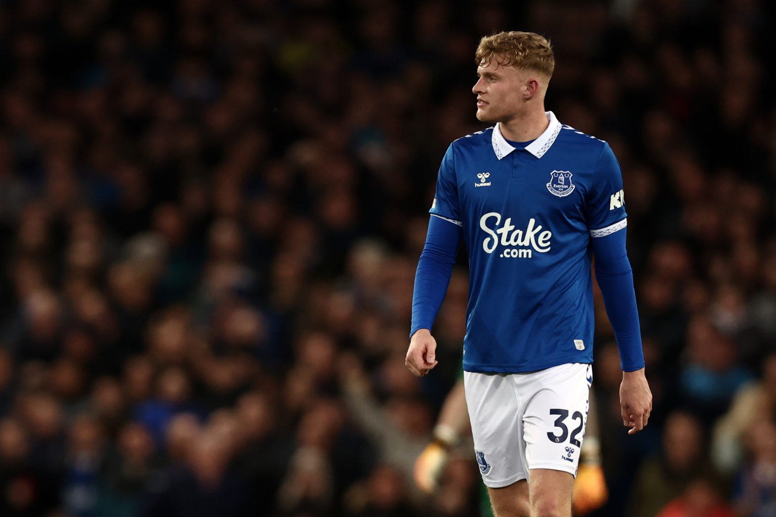 Jarrad Branthwaite of Everton reacts during the Premier League match between Everton FC and Liverpool FC at Goodison Park on April 24, 2024 in Live...