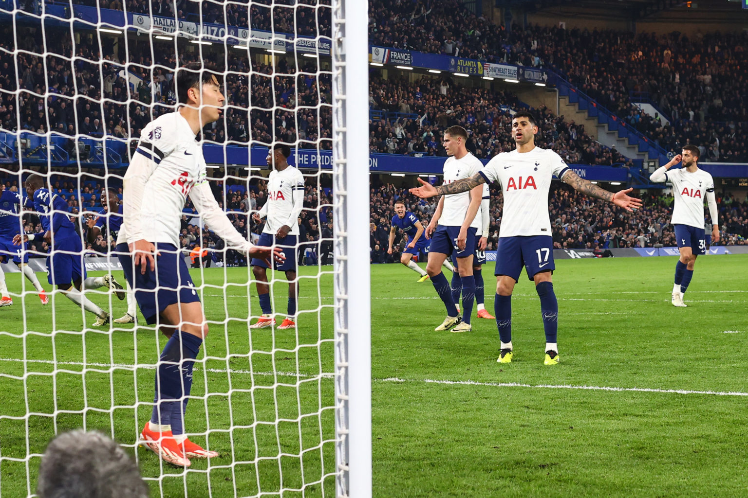 Cristian Romero of Tottenham Hotspur complains after conceding their second goal during the Premier League match between Chelsea FC and Tottenham H...