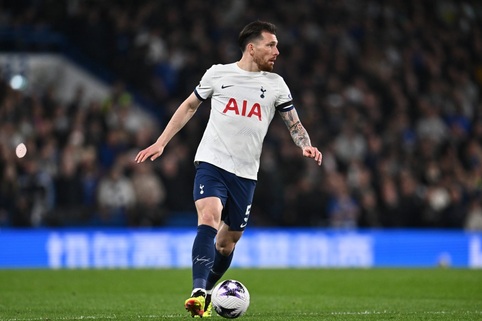 Pierre-Emile Hojbjerg of Tottenham Hotspur controls a ball during the Premier League match between Chelsea FC and Tottenham Hotspur at Stamford Bri...