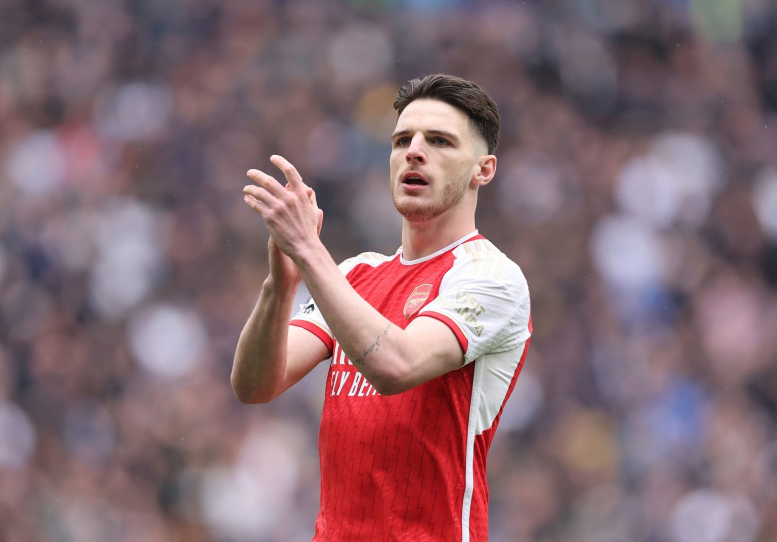 Declan Rice of Arsenal  during the Premier League match between Tottenham Hotspur and Arsenal FC at Tottenham Hotspur Stadium on April 28, 2024 in ...