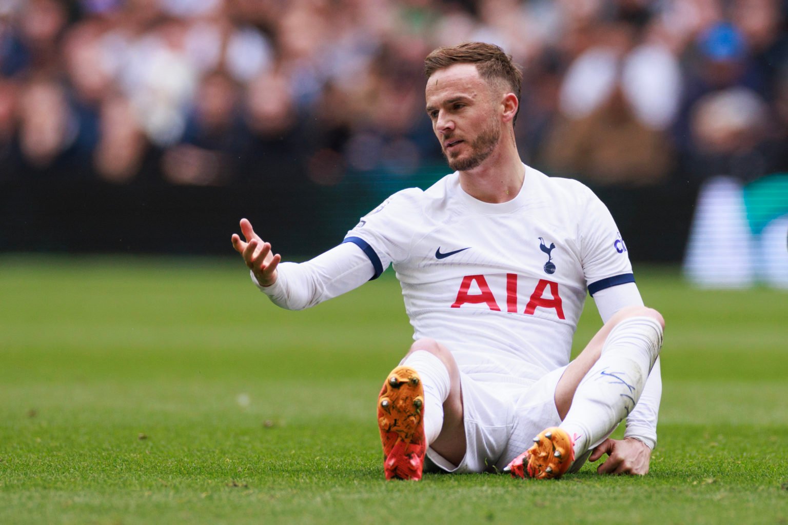 James Maddison of Tottenham Hotspur looks dejected during the Premier League match between Tottenham Hotspur and Arsenal FC at Tottenham Hotspur St...