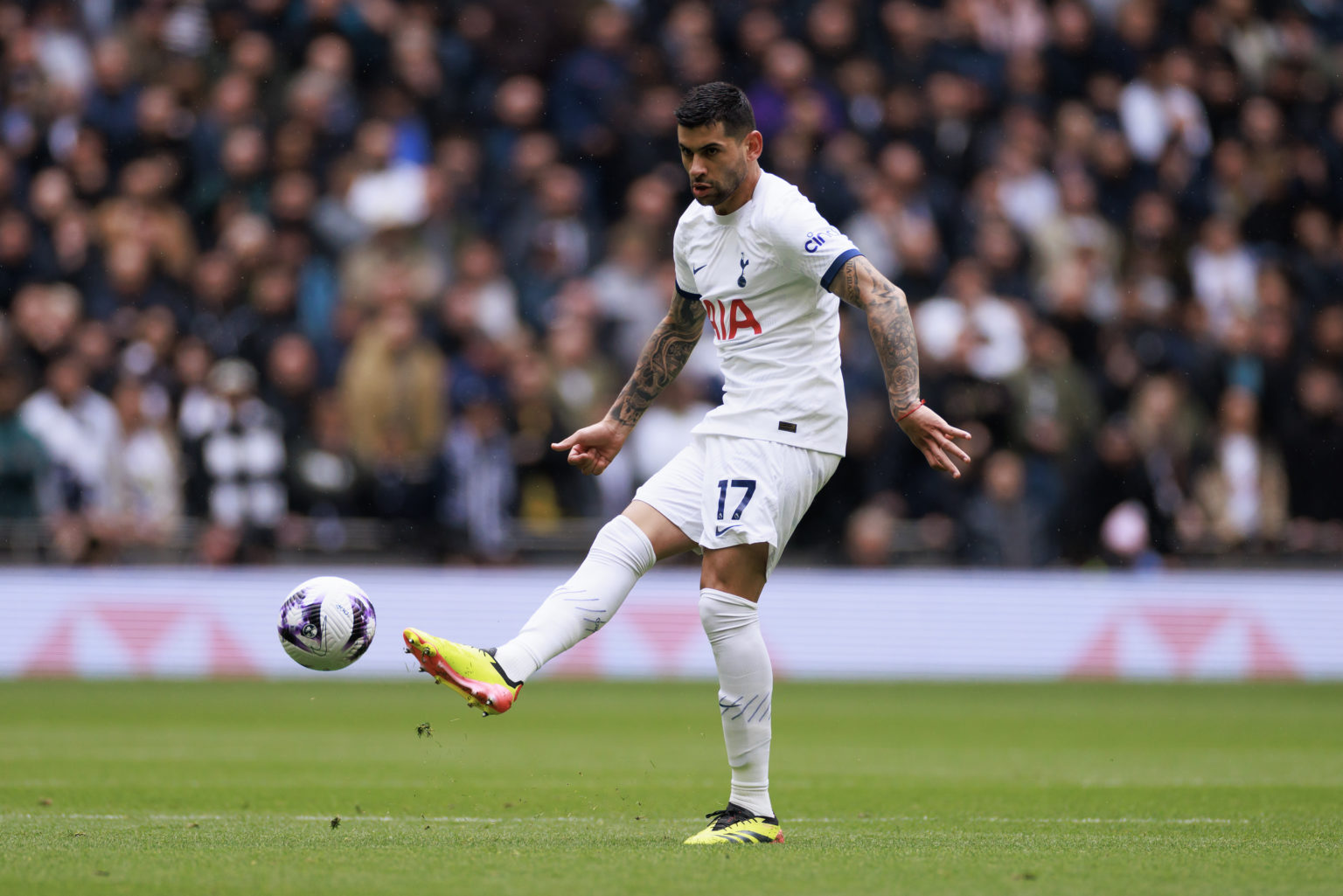 Cristian Romero of Tottenham Hotspur during the Premier League match between Tottenham Hotspur and Arsenal FC at Tottenham Hotspur Stadium on April...