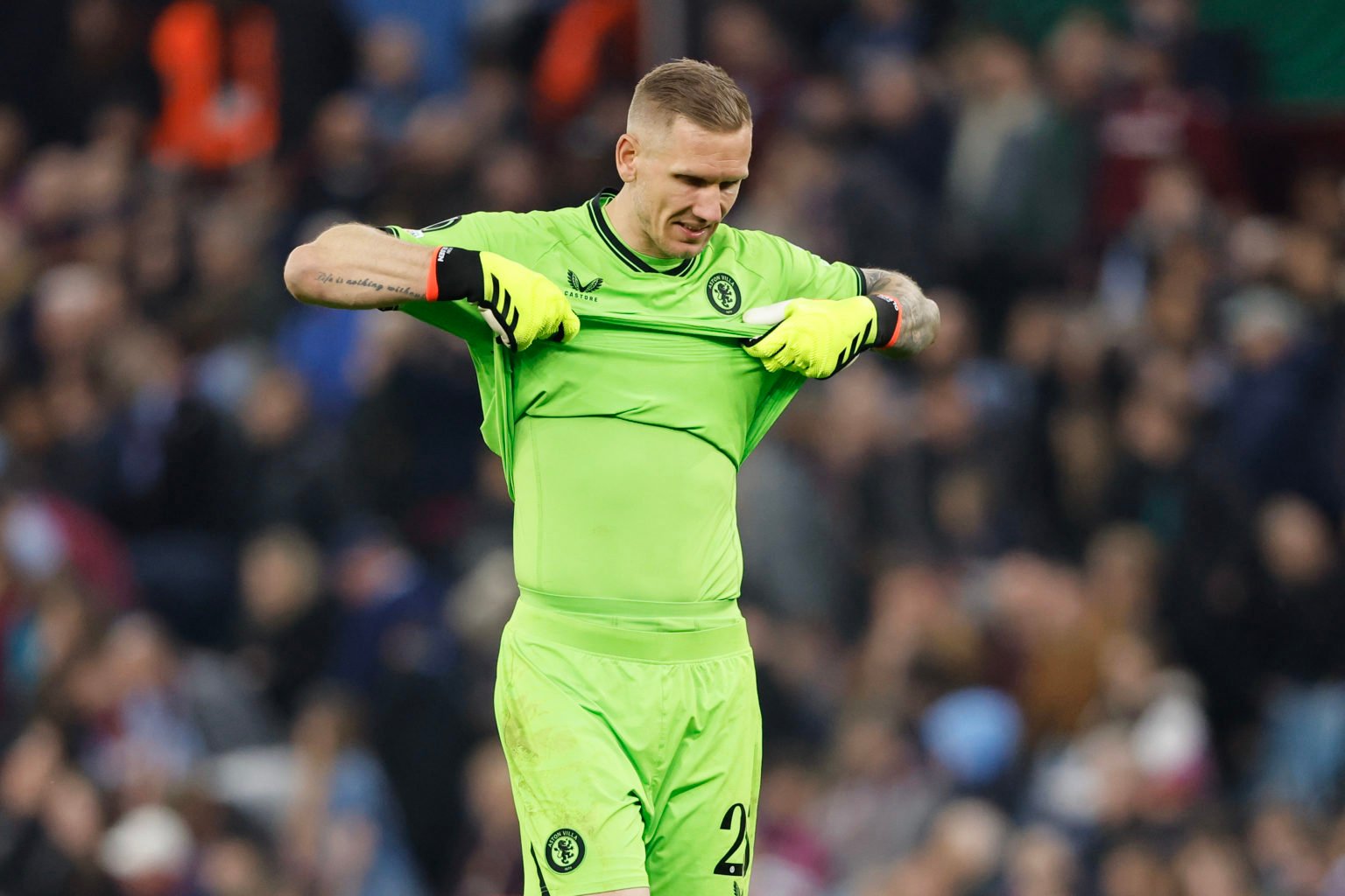 A dejected Robin Olsen of Aston Villa reacts at full time during the UEFA Europa Conference League 2023/24 Semi-Final first leg match between Aston...