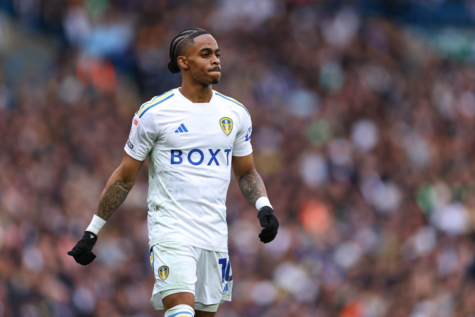 Crysencio Summerville of Leeds United during the Sky Bet Championship match between Leeds United and Southampton FC at Elland Road on May 4, 2024 i...