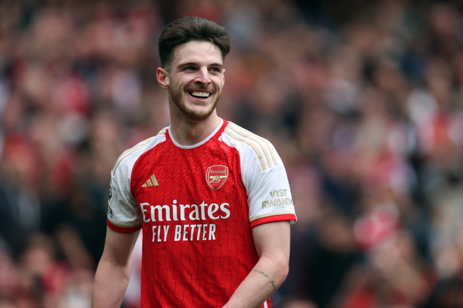 Declan Rice of Arsenal smiling after he had scored the third goal during the Premier League match between Arsenal FC and AFC Bournemouth at Emirate...