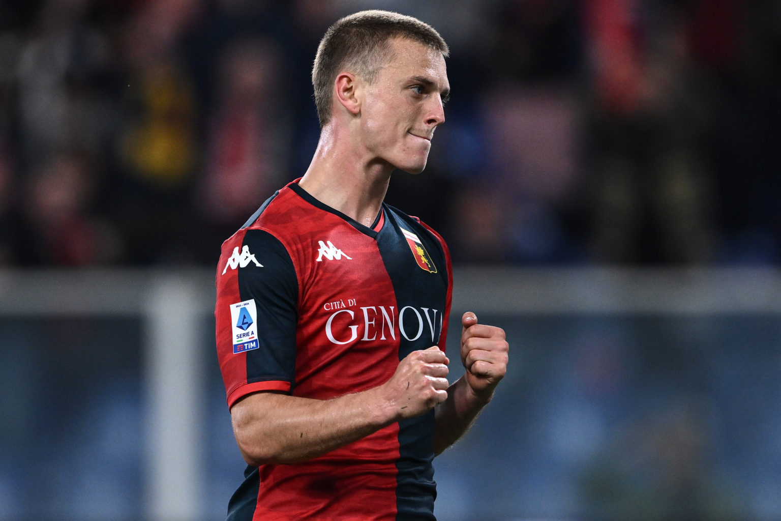 Albert Gudmundsson of Genoa celebrate his goal during the Serie A TIM match between Genoa CFC and Cagliari at Stadio Luigi Ferraris on April 29, 20...