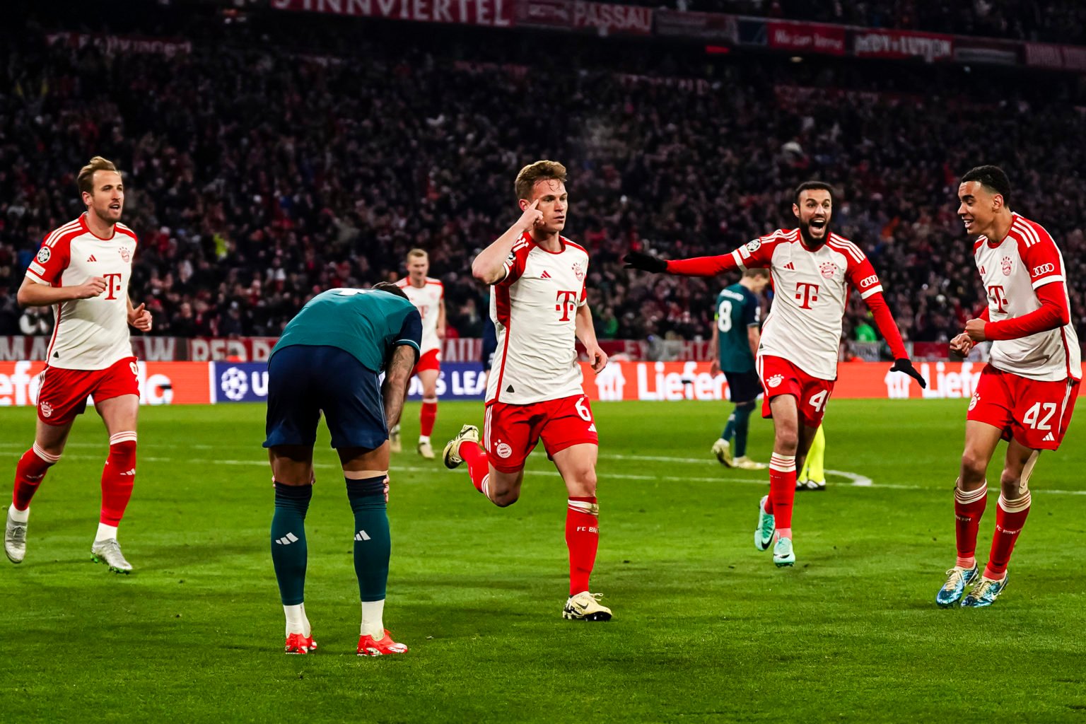 Joshua Kimmich of Bayern celebrates his goal during the UEFA Champions League quarter-final second leg match between FC Bayern München and Arsenal ...