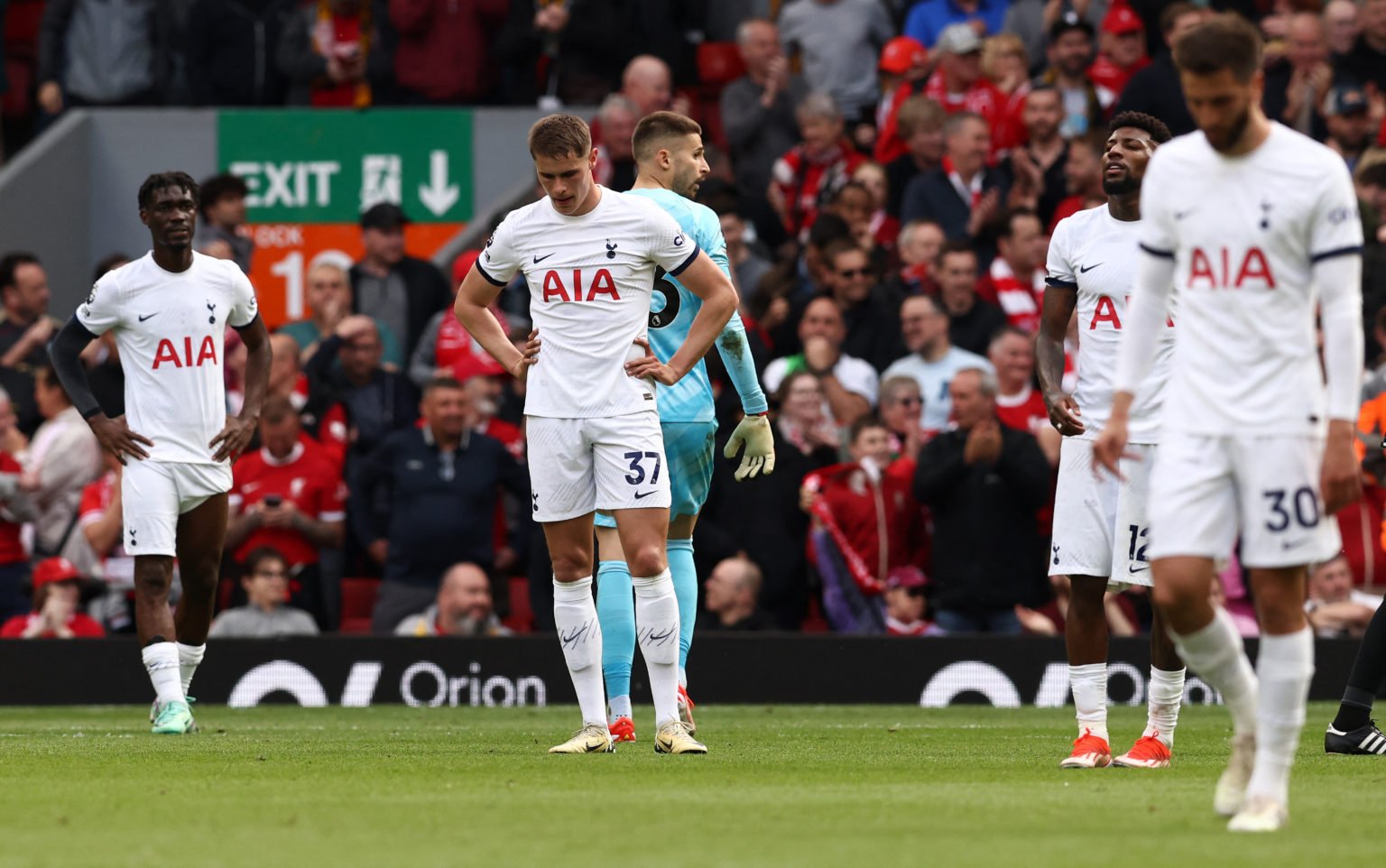 Tottenham Hotspur's Dutch defender #37 Micky van de Ven reacts after the team conceded a fourth goal during the English Premier League football mat...