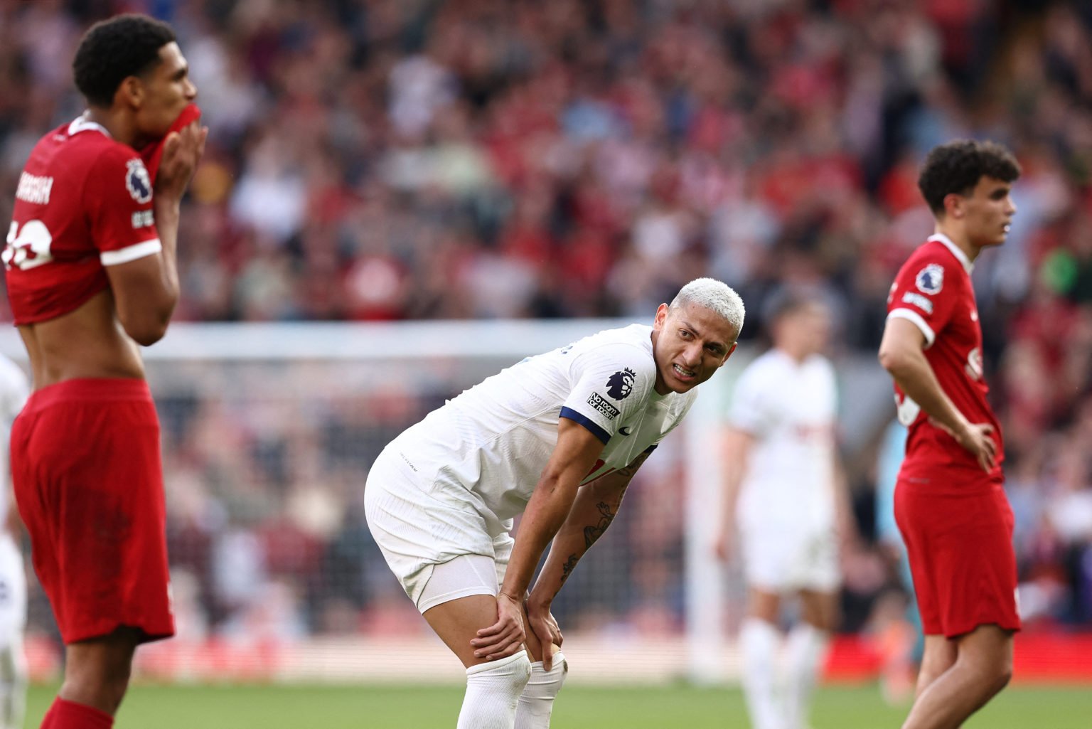 Tottenham Hotspur's Brazilian striker #09 Richarlison (C) reacts during the English Premier League football match between Liverpool and Tottenham H...