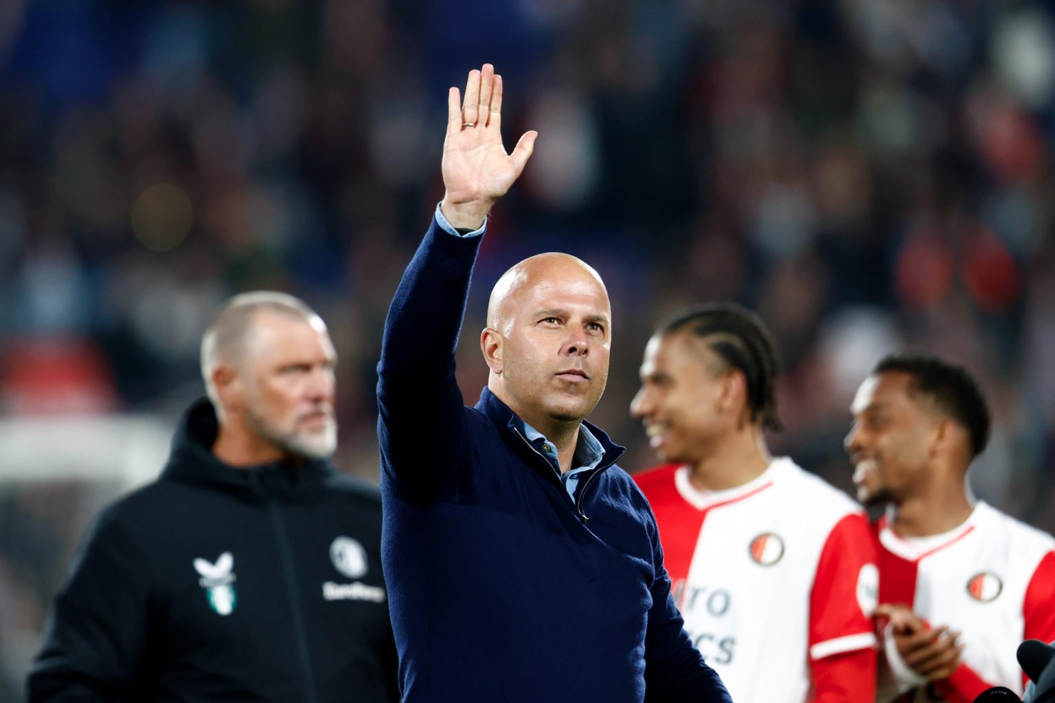 coach Arne Slot of Feyenoord celebrates the victory  during the Dutch Eredivisie  match between Feyenoord v PEC Zwolle at the Stadium Feijenoord on...