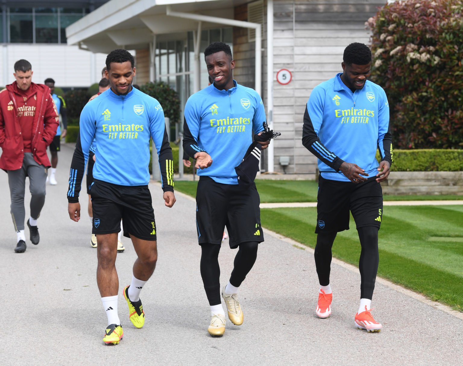 (L-R) Jurrien Timber, Eddie Nketiah and Thomas Partey of Arsenal during a training session at Sobha Realty Training Centre on May 01, 2024 in Londo...