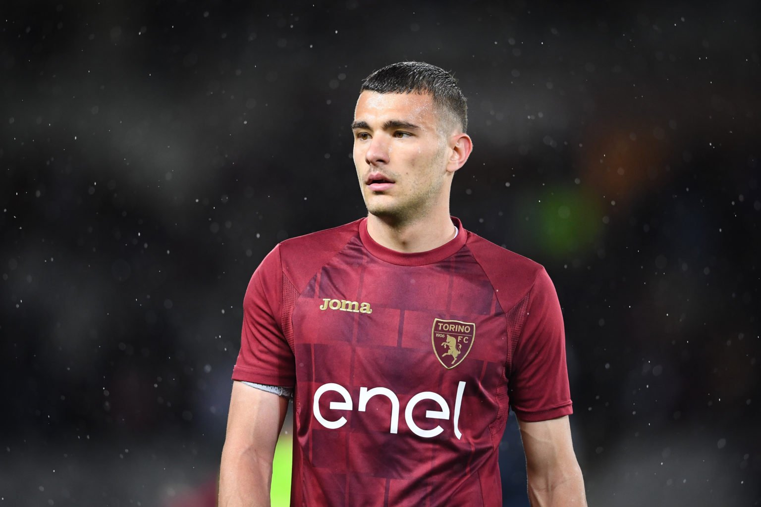 Alessandro Buongiorno of Torino is playing in the Serie A soccer match between Torino and Bologna at the Stadio Olimpico Grande Torino in Turin, No...