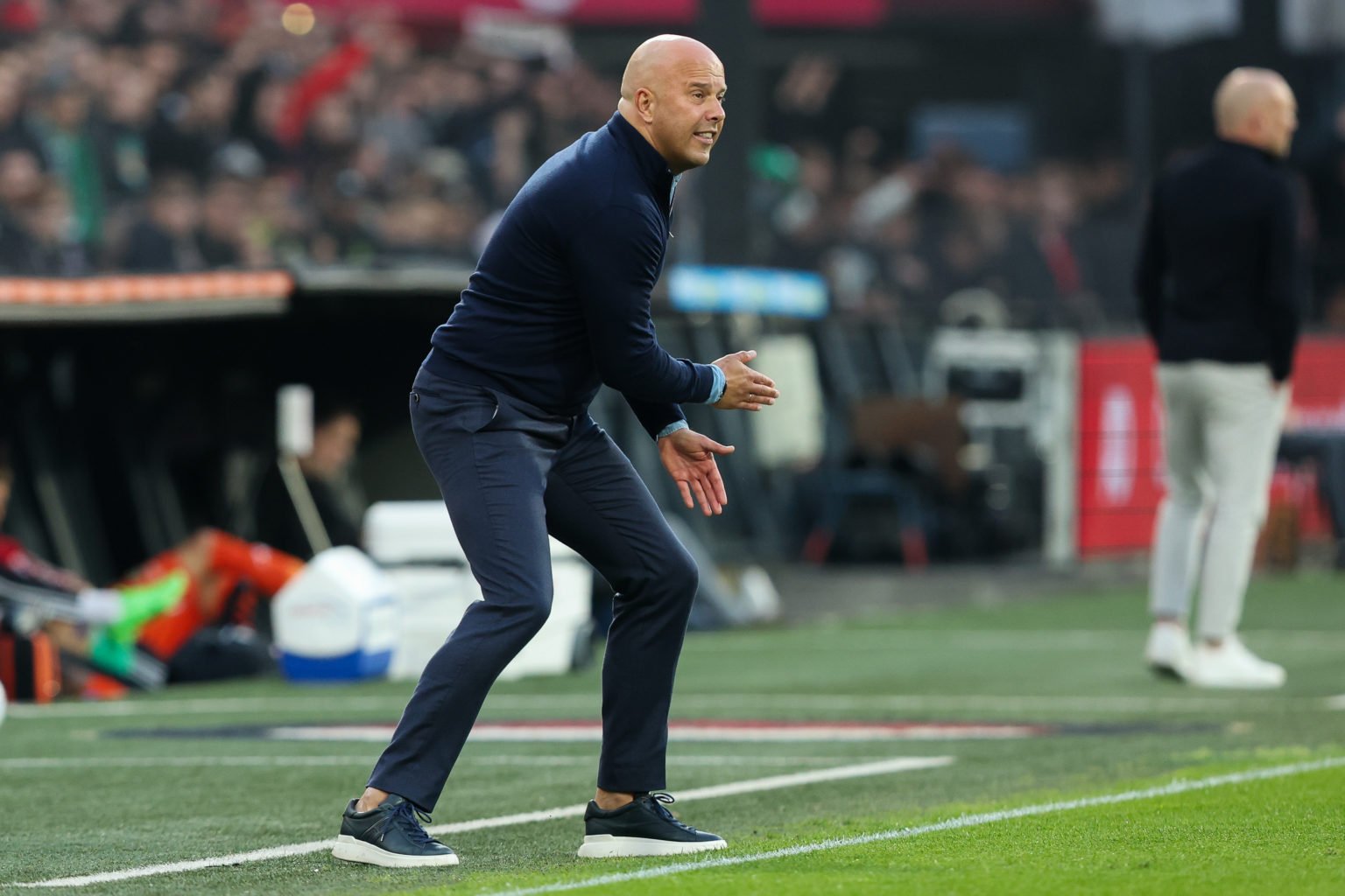 Headcoach Arne Slot of Feyenoord coaches his players during the Dutch Eredivisie match between Feyenoord and PEC Zwolle at Stadion Feijenoord on Ma...