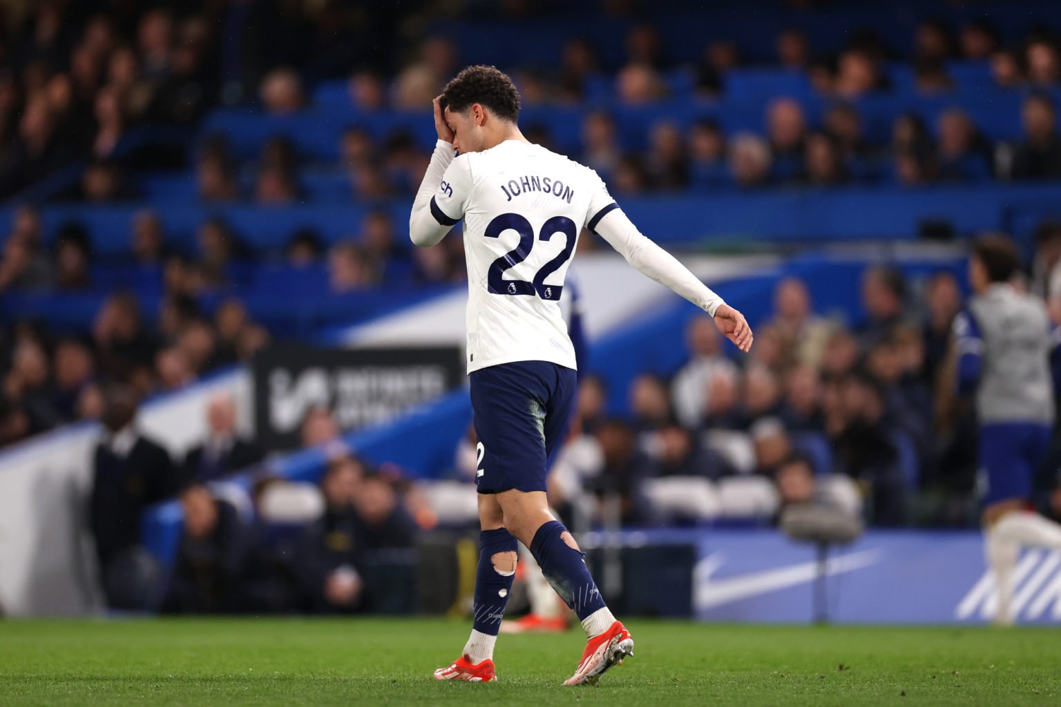 Brennan Johnson of Tottenham Hotspur reacts after missing a shot during the Premier League match between Chelsea FC and Tottenham Hotspur at Stamfo...