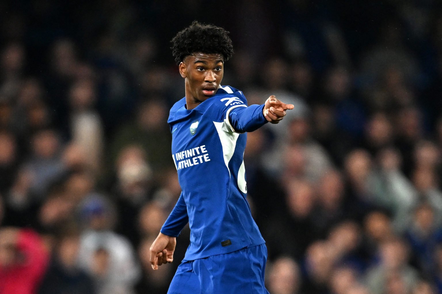 Josh-Kofi Acheampong of Chelsea gestures during the Premier League match between Chelsea FC and Tottenham Hotspur at Stamford Bridge on May 02, 202...