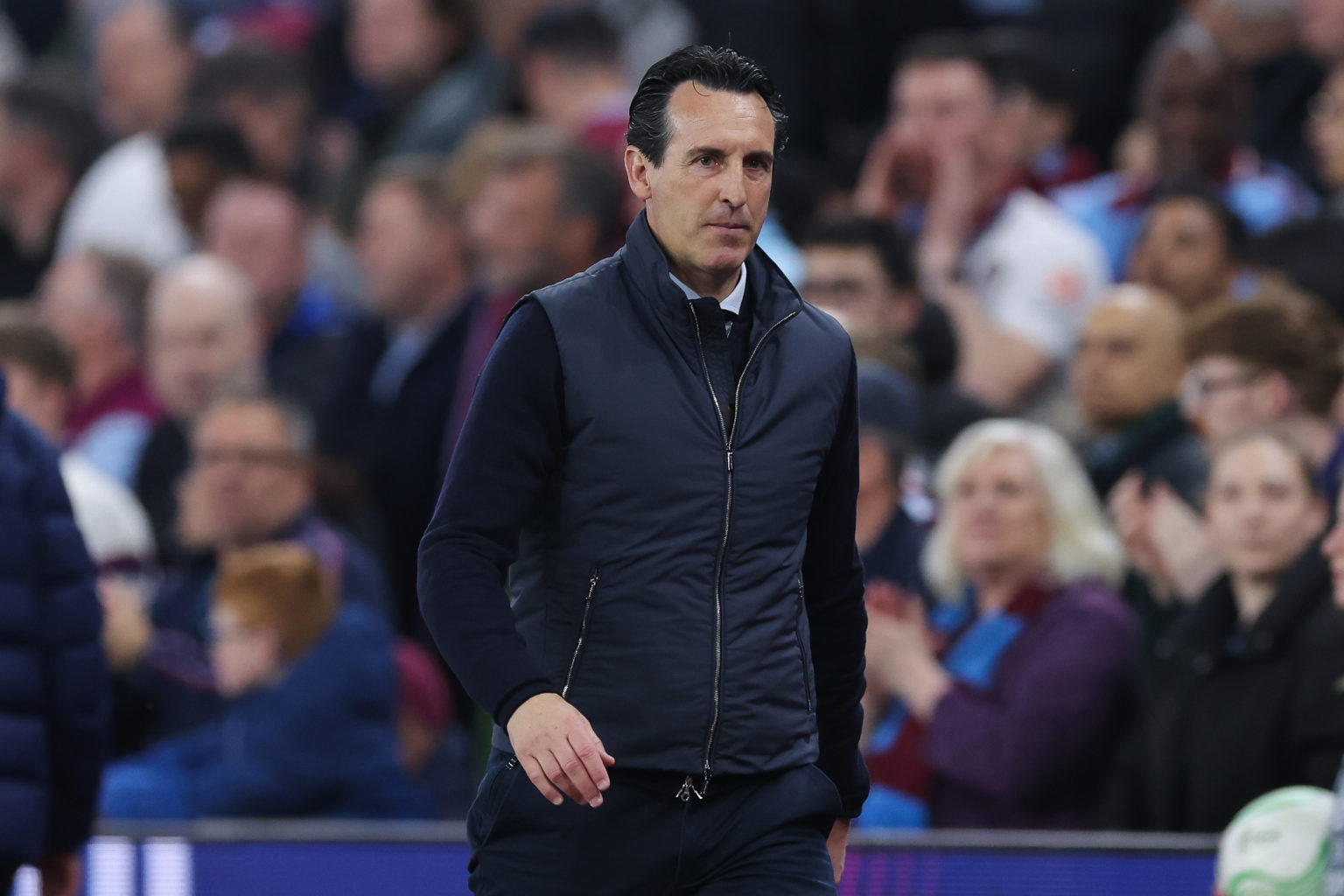 Unai Emery, manager of Aston Villa, looks on during the UEFA Europa Conference League 2023/24 Semi-Final first leg match between Aston Villa and Ol...