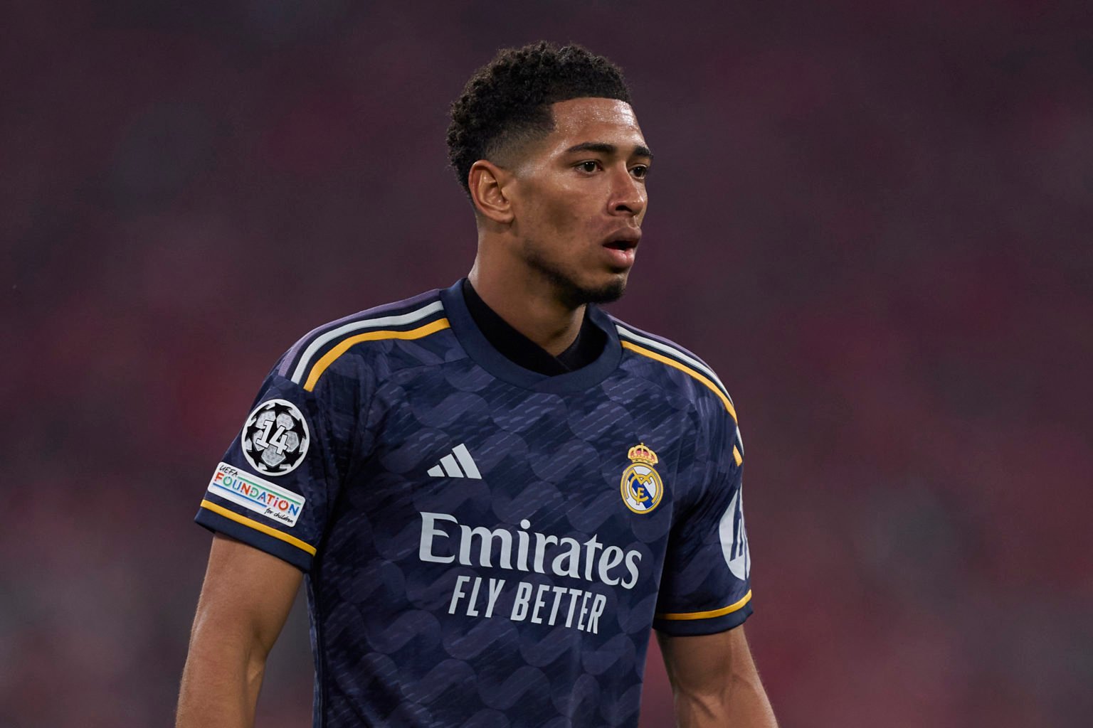 Jude Bellingham of Real Madrid looks on during the UEFA Champions League semi-final first leg match between FC Bayern München and Real Madrid at Al...