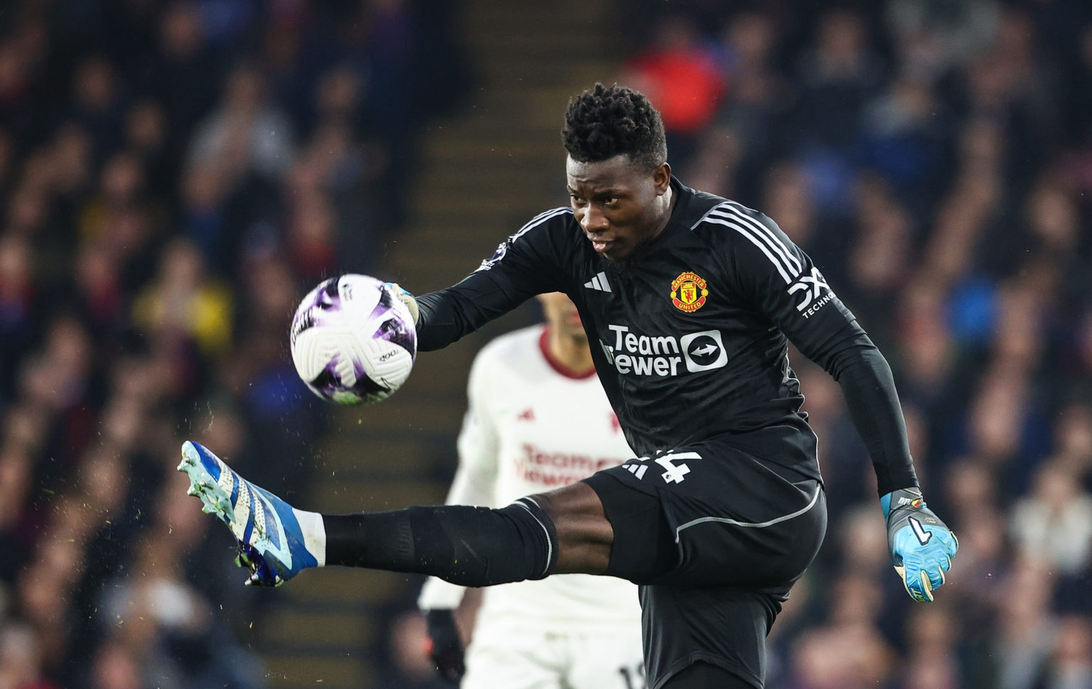 Manchester United's Andre Onana kicks clear during the Premier League match between Crystal Palace and Manchester United at Selhurst Park on May 6,...