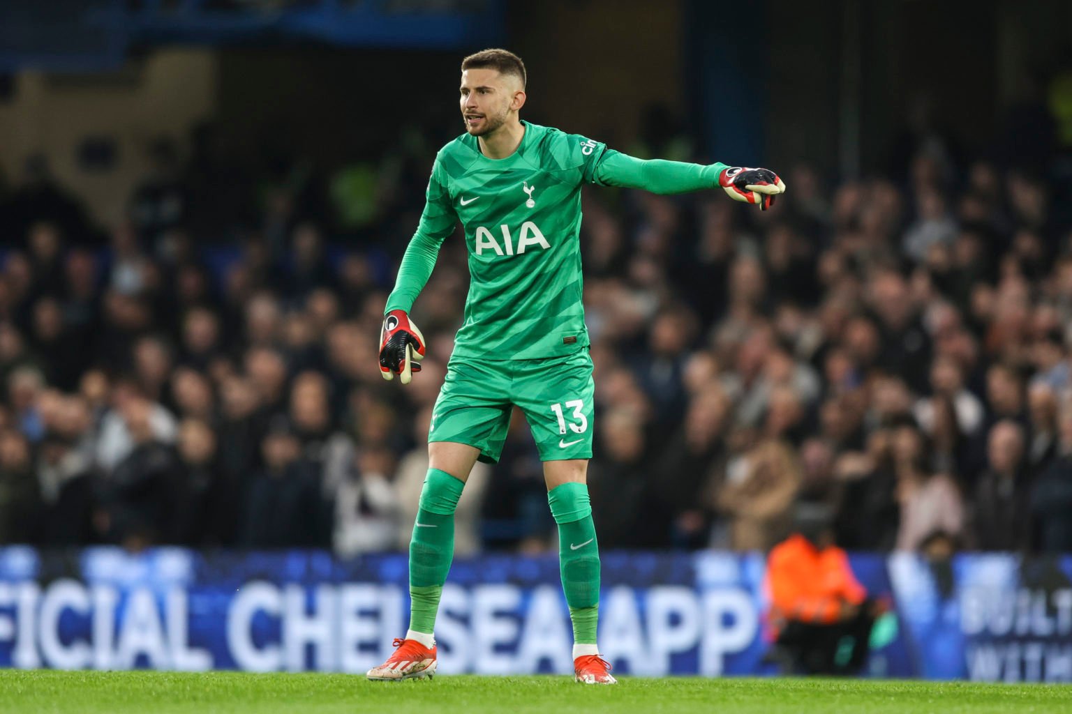 Guglielmo Vicario of Tottenham Hotspur during the Premier League match between Chelsea FC and Tottenham Hotspur at Stamford Bridge on May 02, 2024 ...