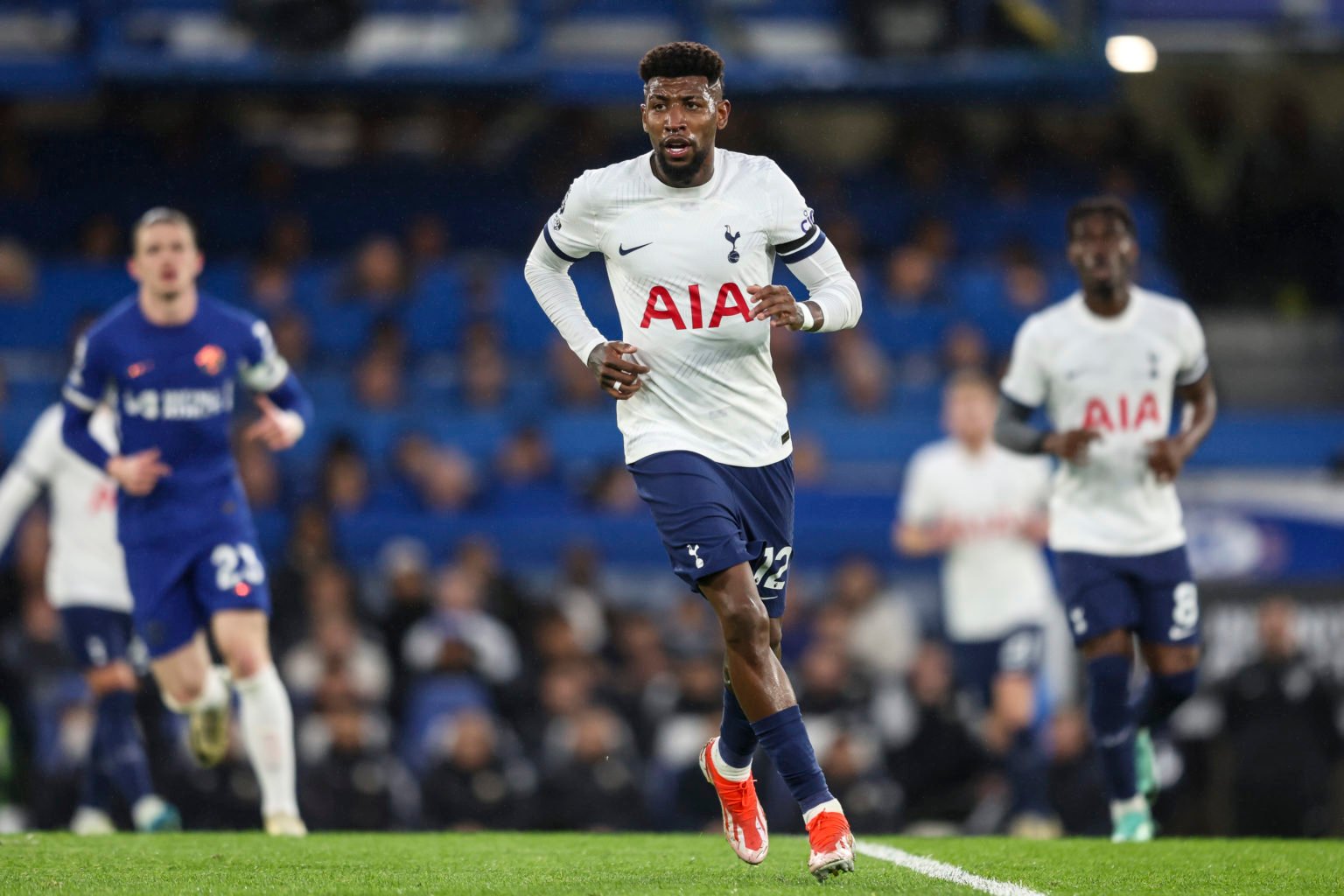 Emerson Royal of Tottenham Hotspur during the Premier League match between Chelsea FC and Tottenham Hotspur at Stamford Bridge on May 02, 2024 in L...