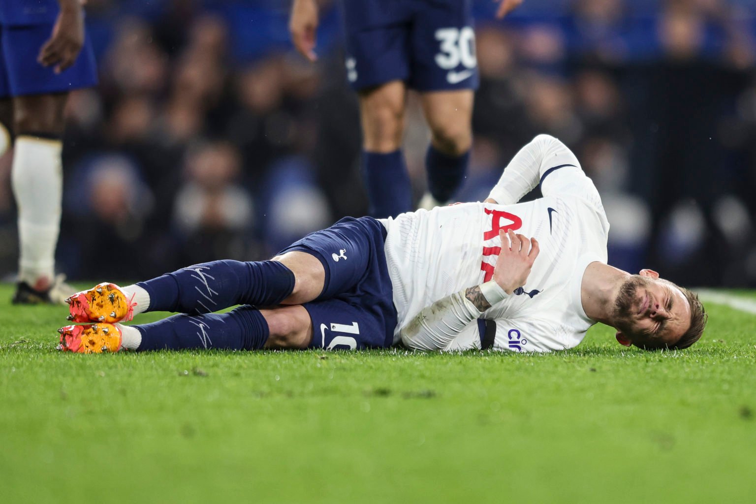 James Maddison of Tottenham Hotspur during the Premier League match between Chelsea FC and Tottenham Hotspur at Stamford Bridge on May 02, 2024 in ...