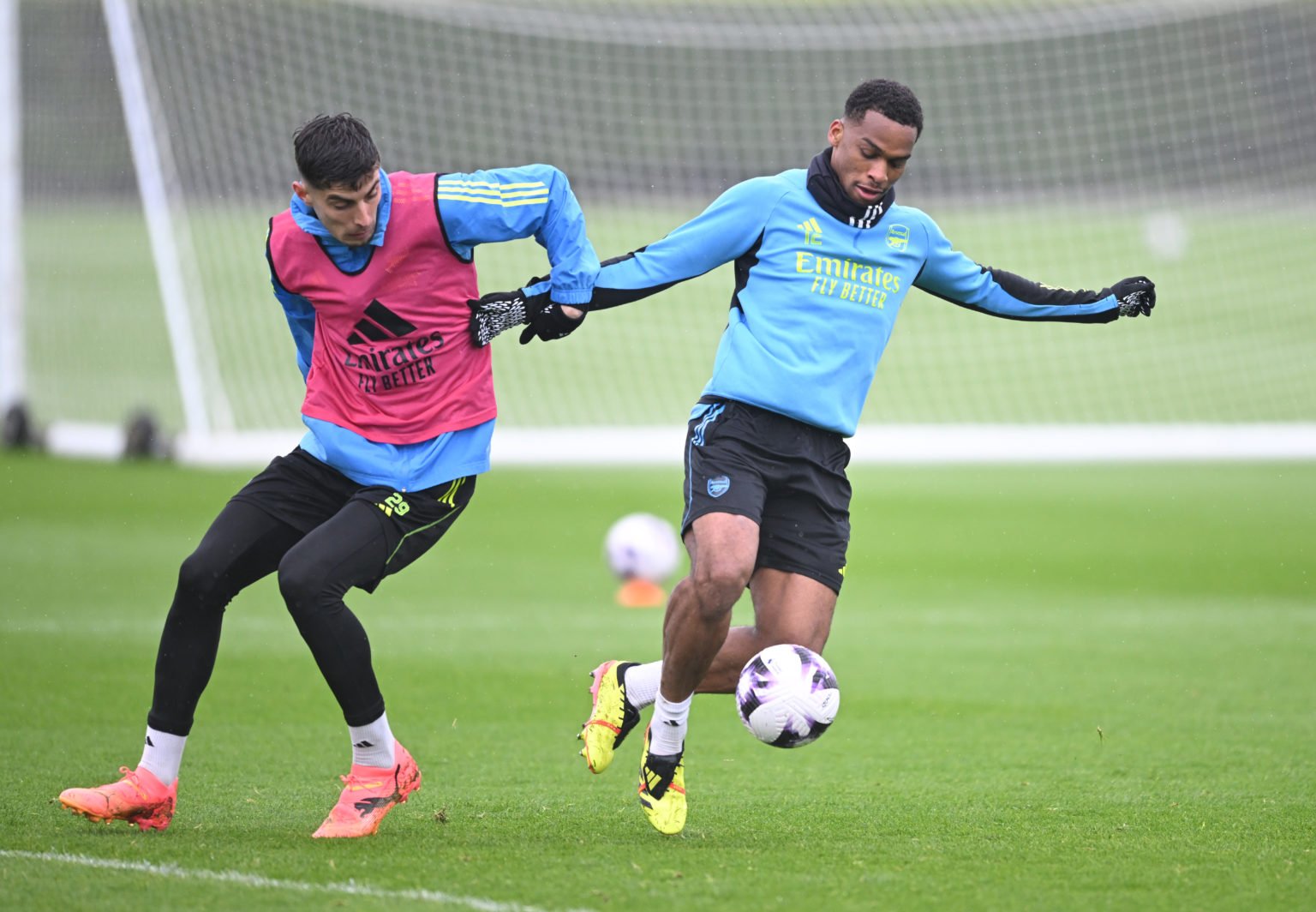 (L-R) Kai Havertz and Jurrien Timber of Arsenal during a training session at Sobha Realty Training Centre on May 03, 2024 in London Colney, England.