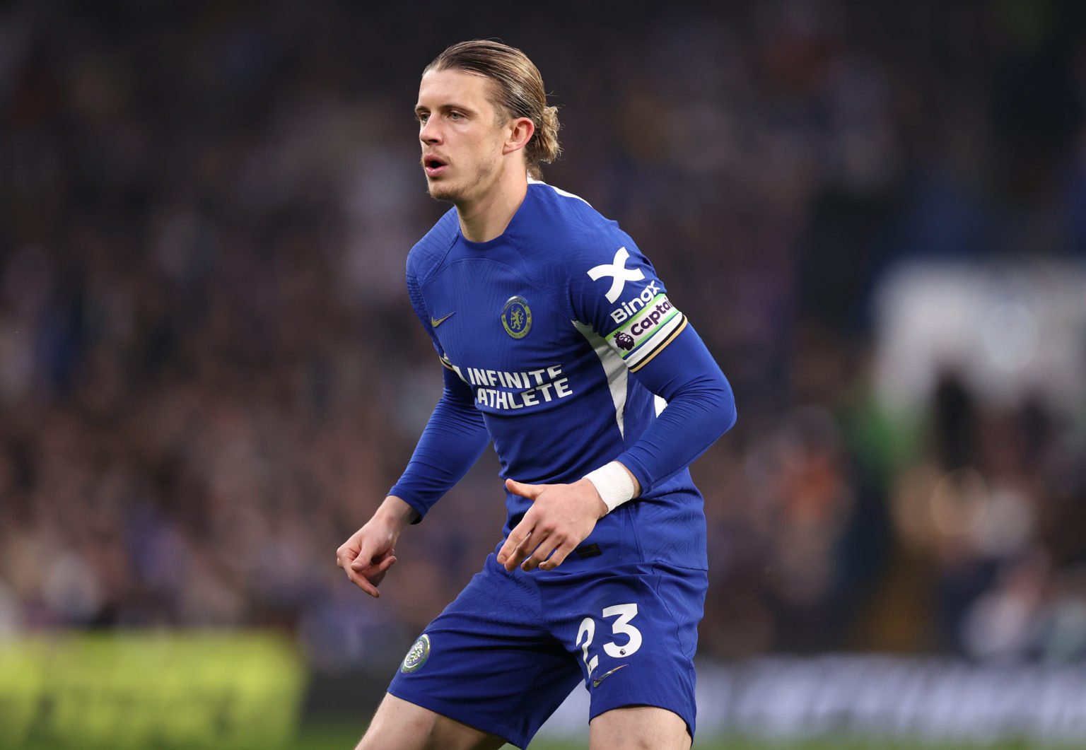 Conor Gallagher of Chelsea reacts during the Premier League match between Chelsea FC and Tottenham Hotspur at Stamford Bridge on May 02, 2024 in Lo...