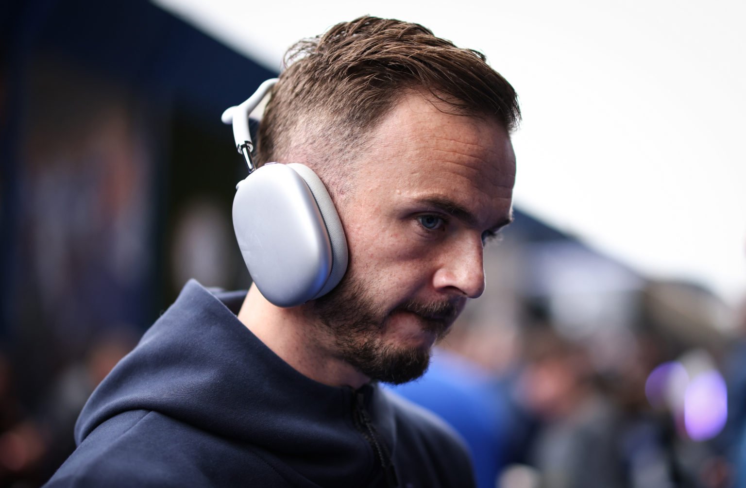 James Maddison of Tottenham Hotspur arrives at the stadium ahead of the Premier League match between Chelsea FC and Tottenham Hotspur at Stamford B...