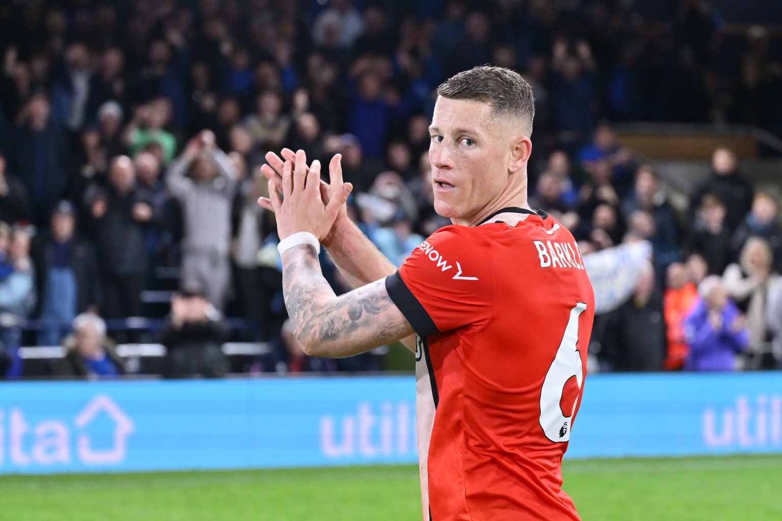 Ross Barkley applauds the Everton fans after the Premier League match between Luton Town and Everton FC at Kenilworth Road on May 03, 2024 in Luton...