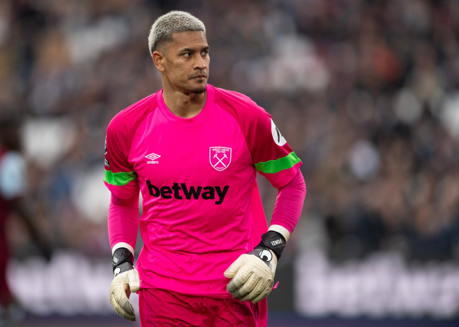 Alphonse Areola of West Ham United during the Premier League match between West Ham United and Liverpool FC at London Stadium on April 27, 2024 in ...