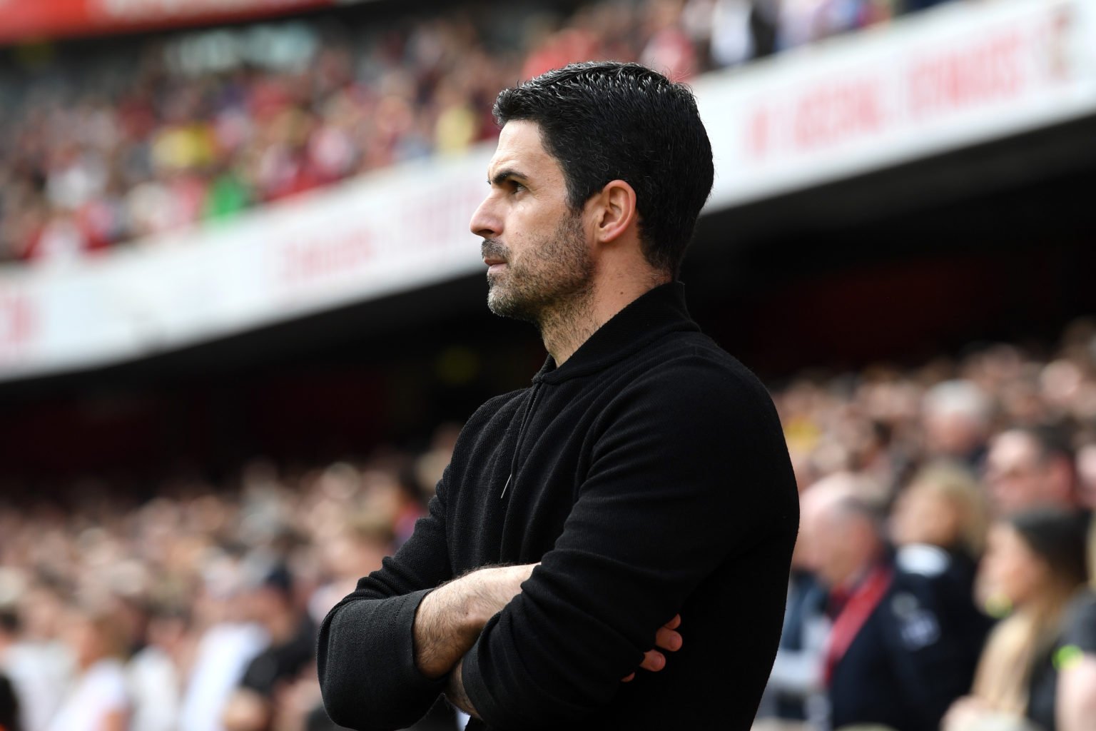 Mikel Arteta, Manager of Arsenal, looks on prior to the Premier League match between Arsenal FC and AFC Bournemouth at Emirates Stadium on May 04, ...