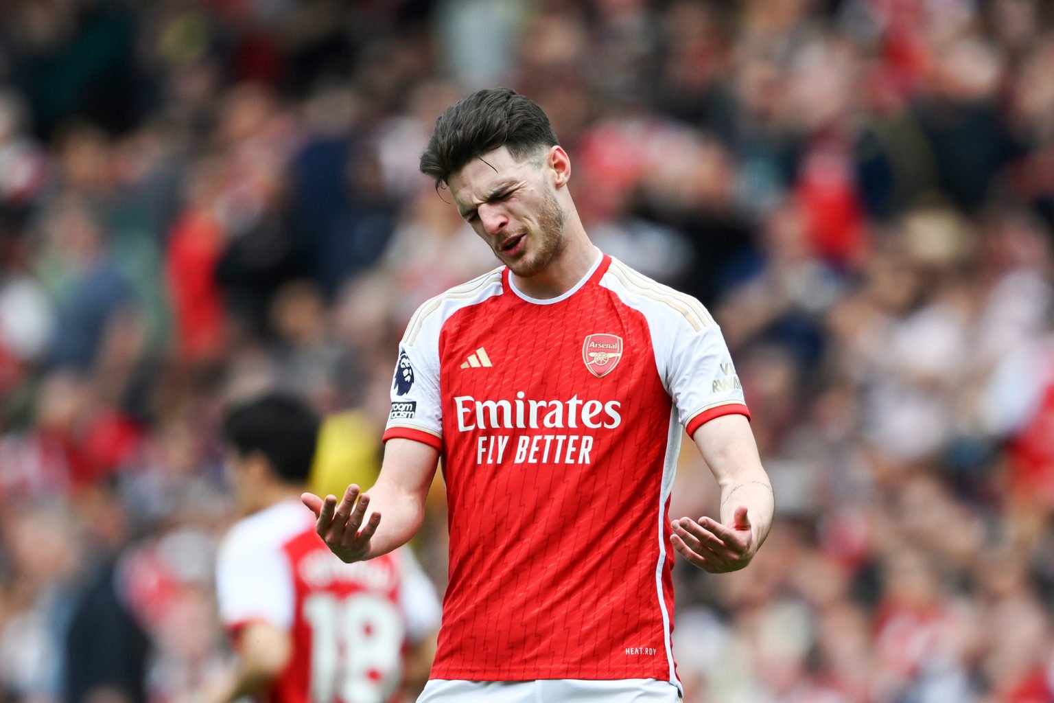 Declan Rice of Arsenal reacts after a missed chance during the Premier League match between Arsenal FC and AFC Bournemouth at Emirates Stadium on M...