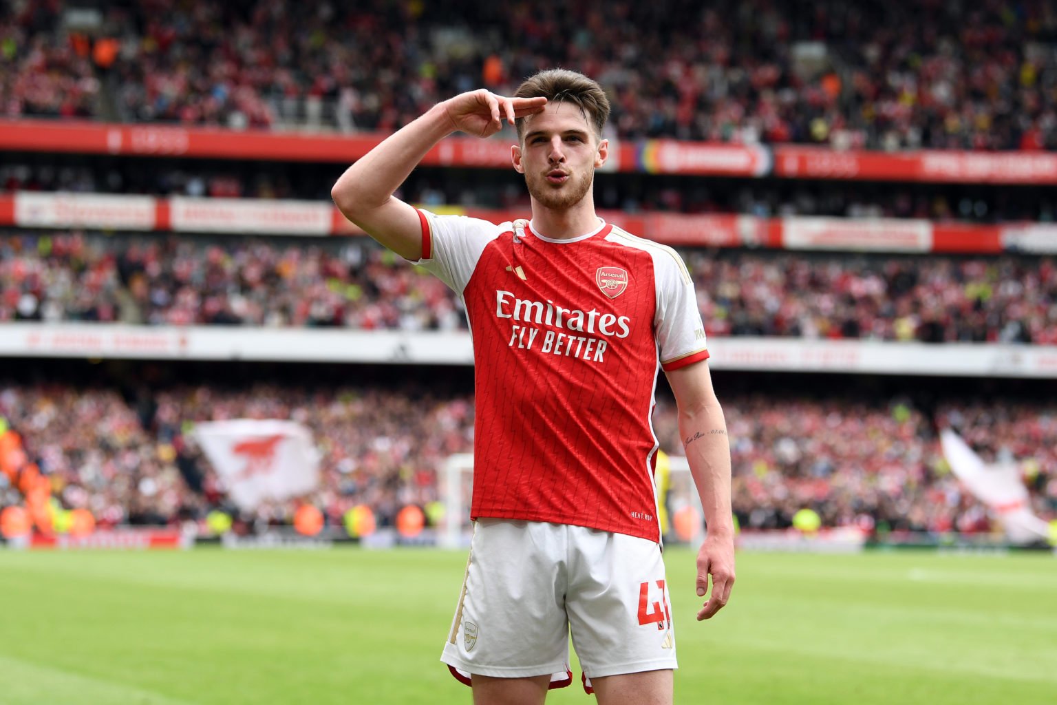 Declan Rice of Arsenal celebrates scoring his team's third goal during the Premier League match between Arsenal FC and AFC Bournemouth at Emirates ...