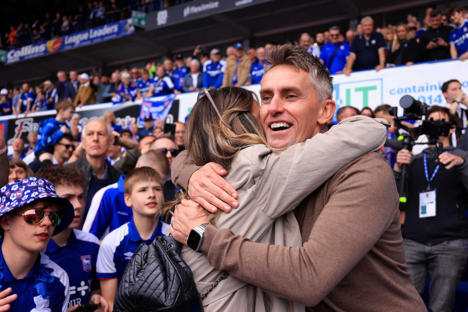 Kieran McKenna, Manager of Ipswich Town celebrates promotion to the Premier League following the Sky Bet Championship match between Ipswich Town an...