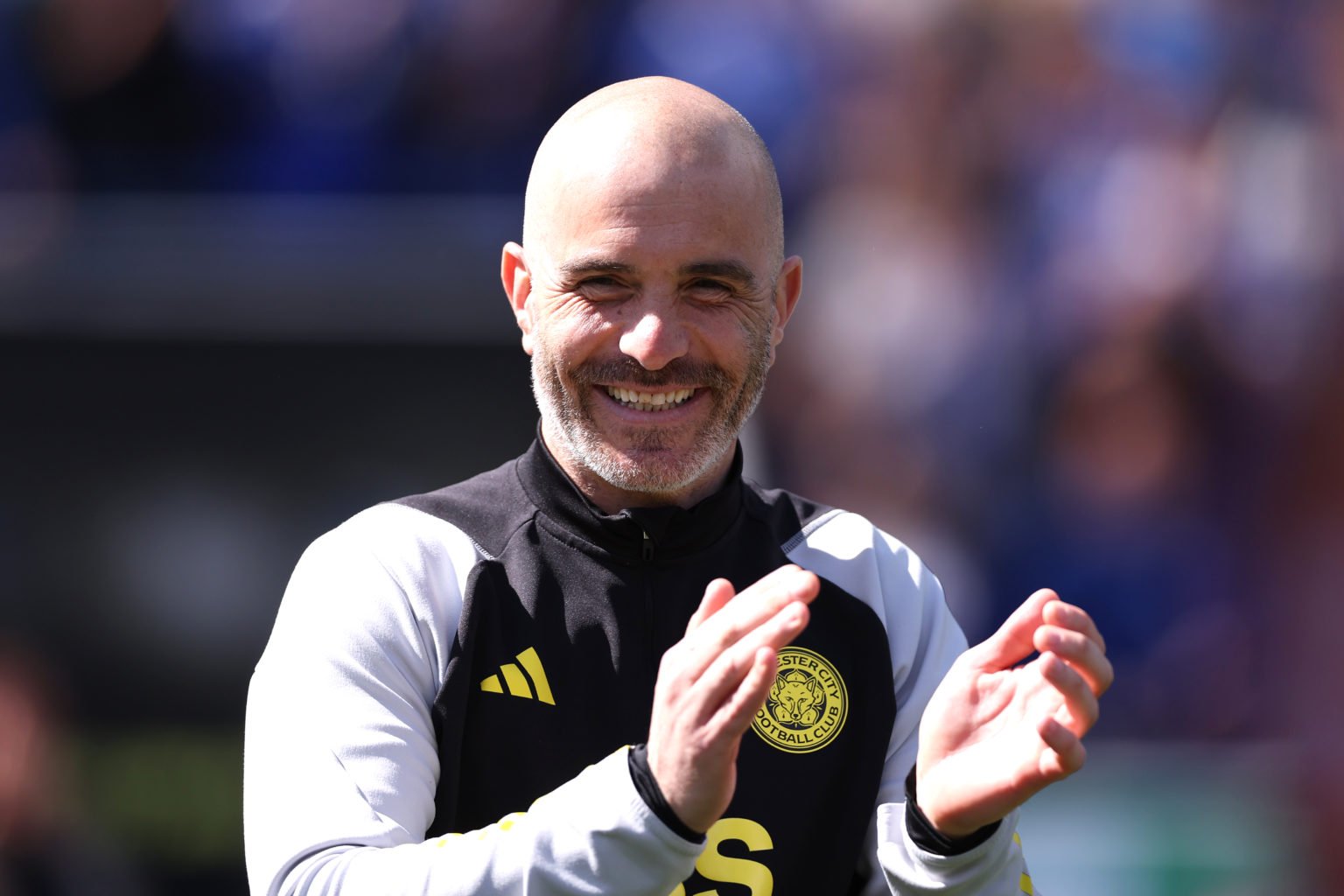 Leicester City manager Enzo Maresca celebrates promotion during the Sky Bet Championship match between Leicester City and Blackburn Rovers at The K...