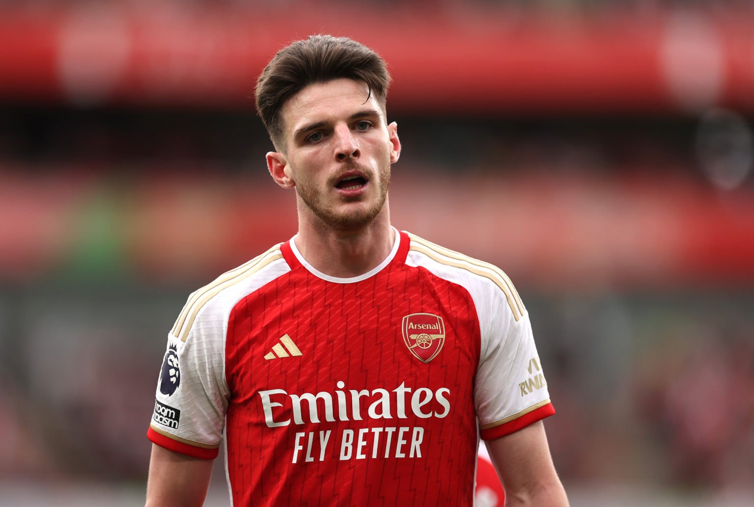 Declan Rice of Arsenal looks on  during the Premier League match between Arsenal FC and AFC Bournemouth at Emirates Stadium on May 04, 2024 in Lond...