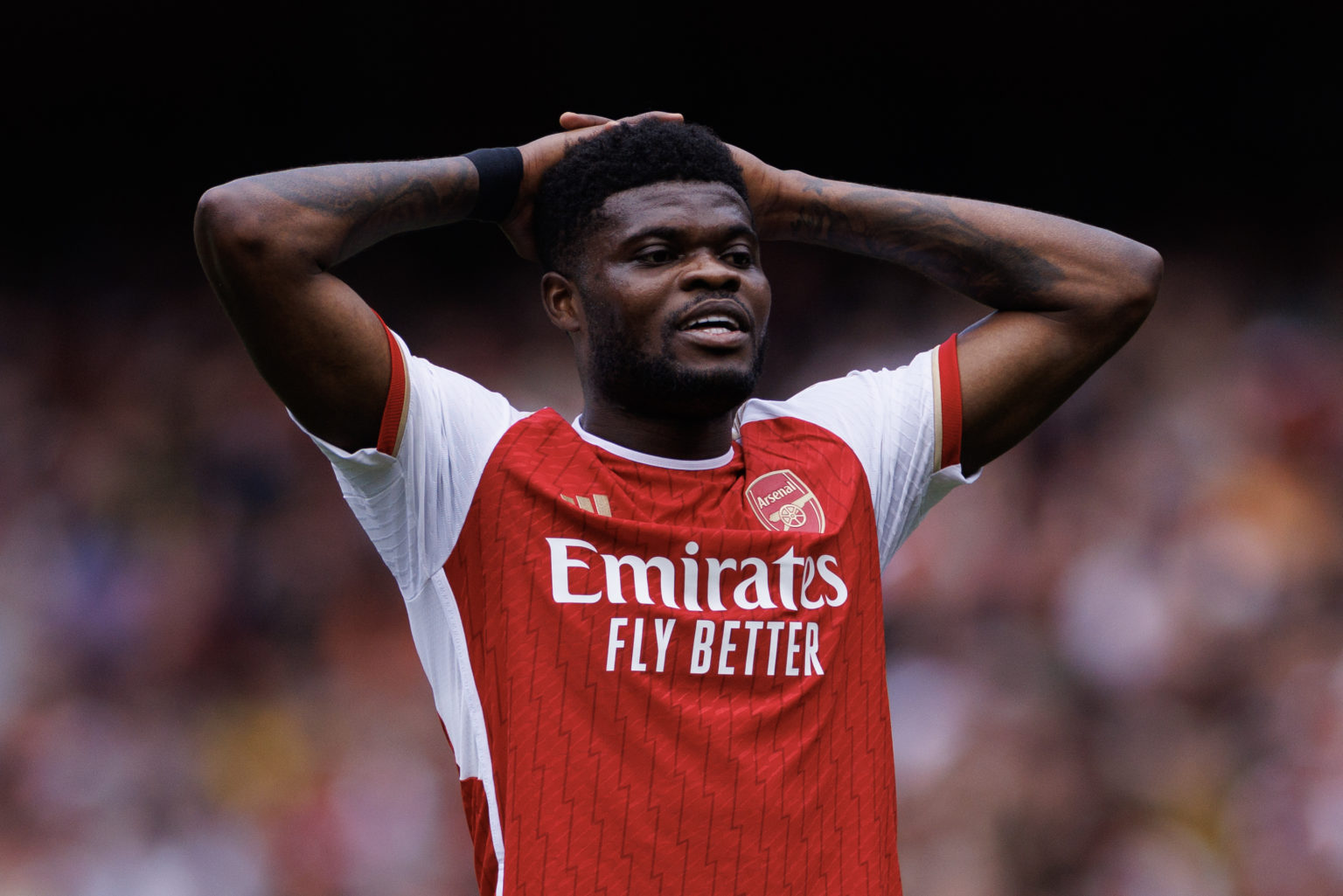 Thomas Partey of Arsenal looks dejected during the Premier League match between Arsenal FC and AFC Bournemouth at Emirates Stadium on May 04, 2024 ...